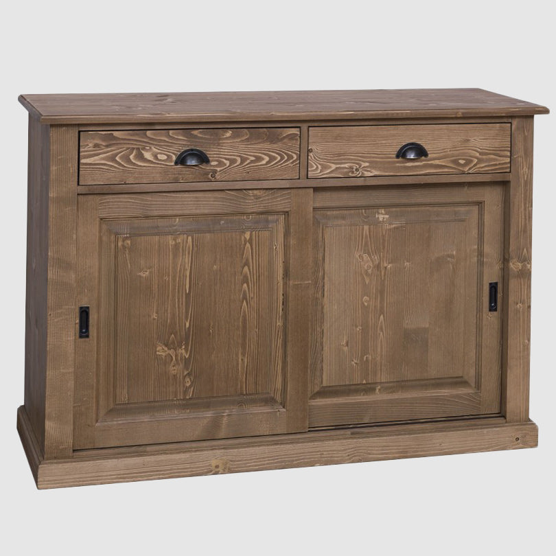 Buffet bas en bois naturel avec deux portes coulissantes pleines et deux tiroirs en partie haute, photographié sur fond neutre.
