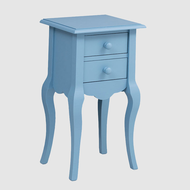 Console en pin massif bleu avec 2 tiroirs, 40 cm.