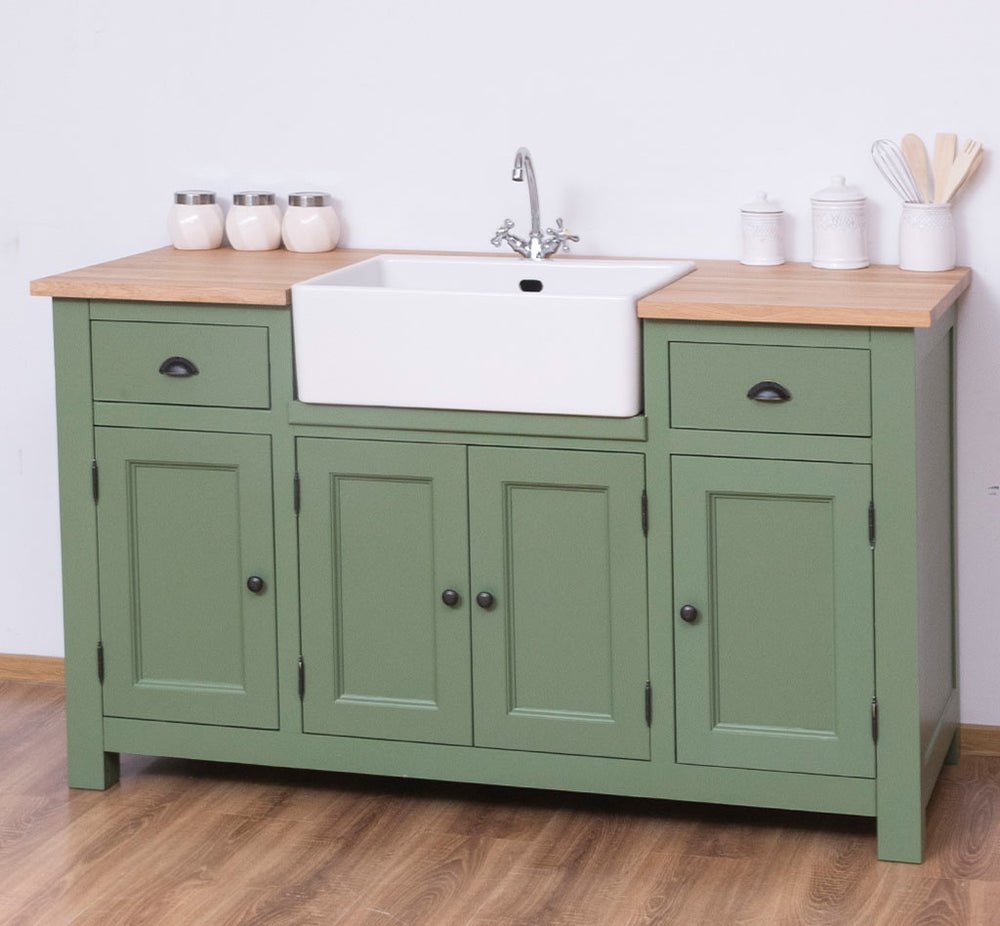 Meuble bas de cuisine évier en pin massif avec vasque en place, vue de face.