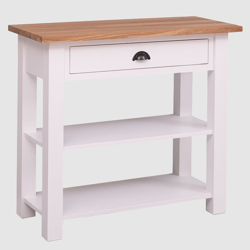 Console en pin massif avec 1 tiroir et 1 étagère fixe finition blanc plateau bois naturel