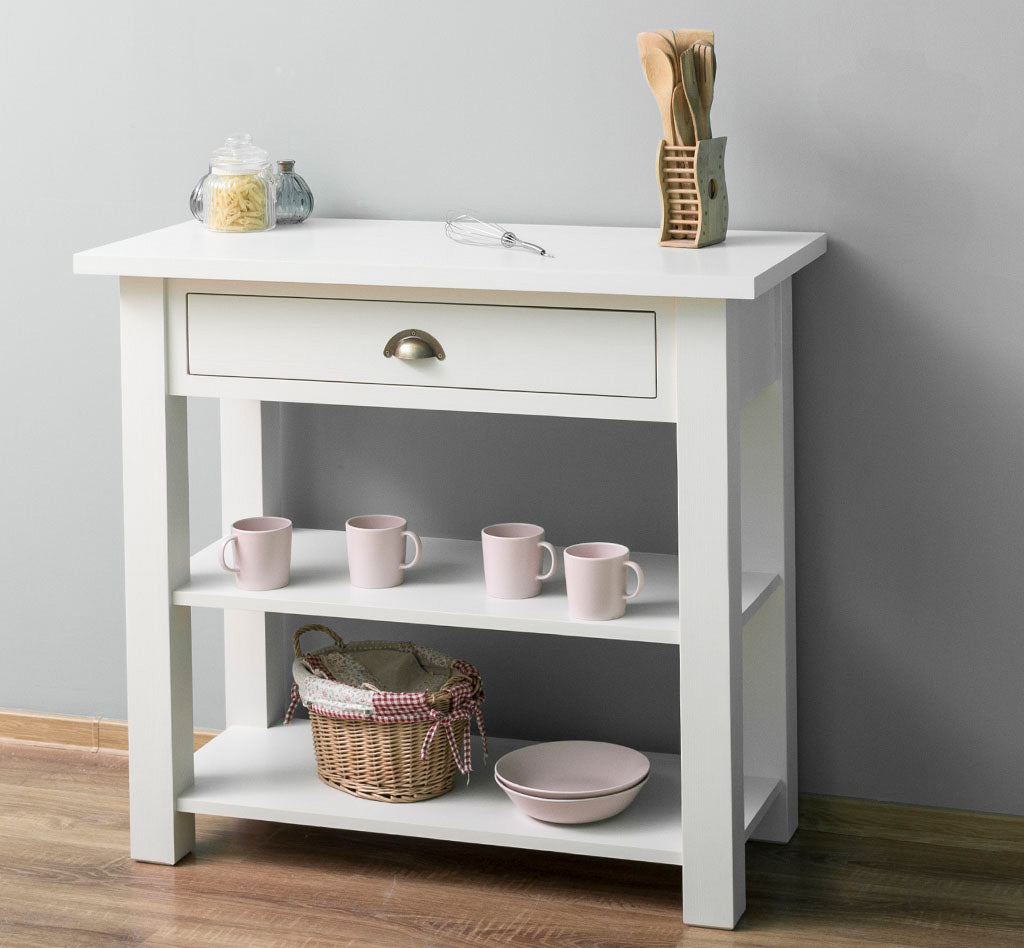 Console en pin massif avec 1 tiroir et 1 étagère fixe finition blanc