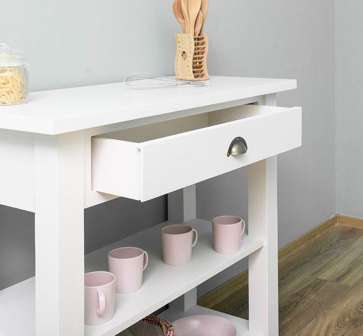 Détail du tiroir sur console en pin massif