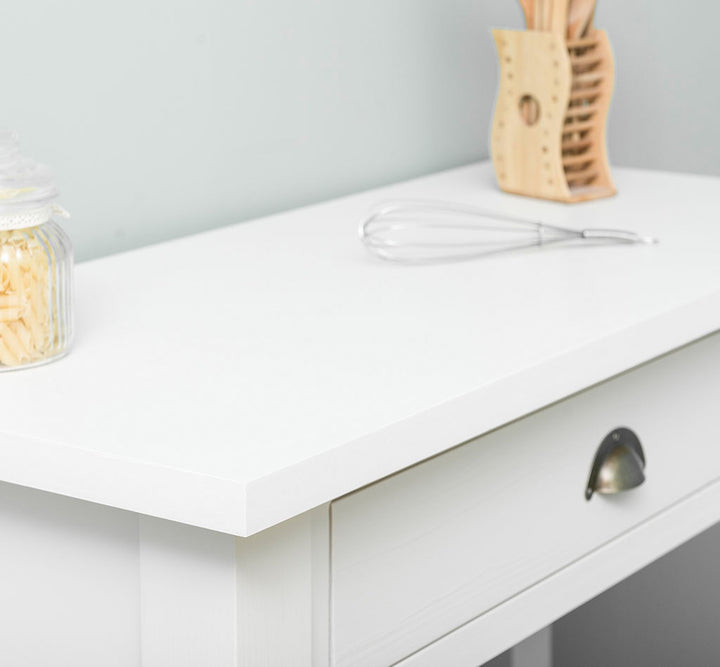 Détail du plateau en pin massif sur console 1 tiroir