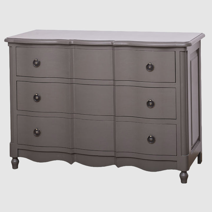 Commode en pin massif largeur 130 cm avec 6 tiroirs galbés vue de face finition Gris Ardoise
