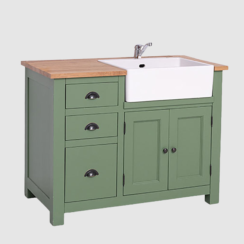 Meuble bas de cuisine évier en pin massif avec deux portes et trois tiroirs, vue de face.