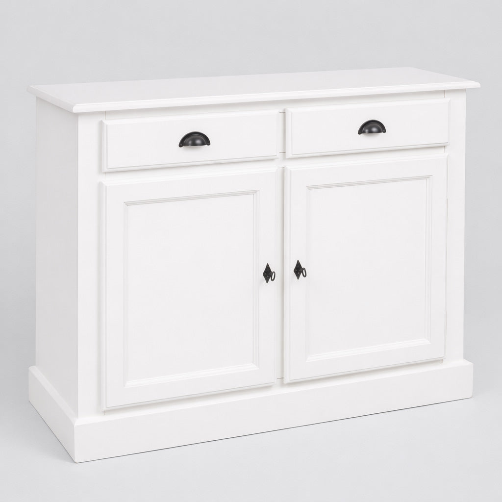 Buffet bas blanc avec deux portes battantes et deux tiroirs en partie haute, présenté sur fond neutre.