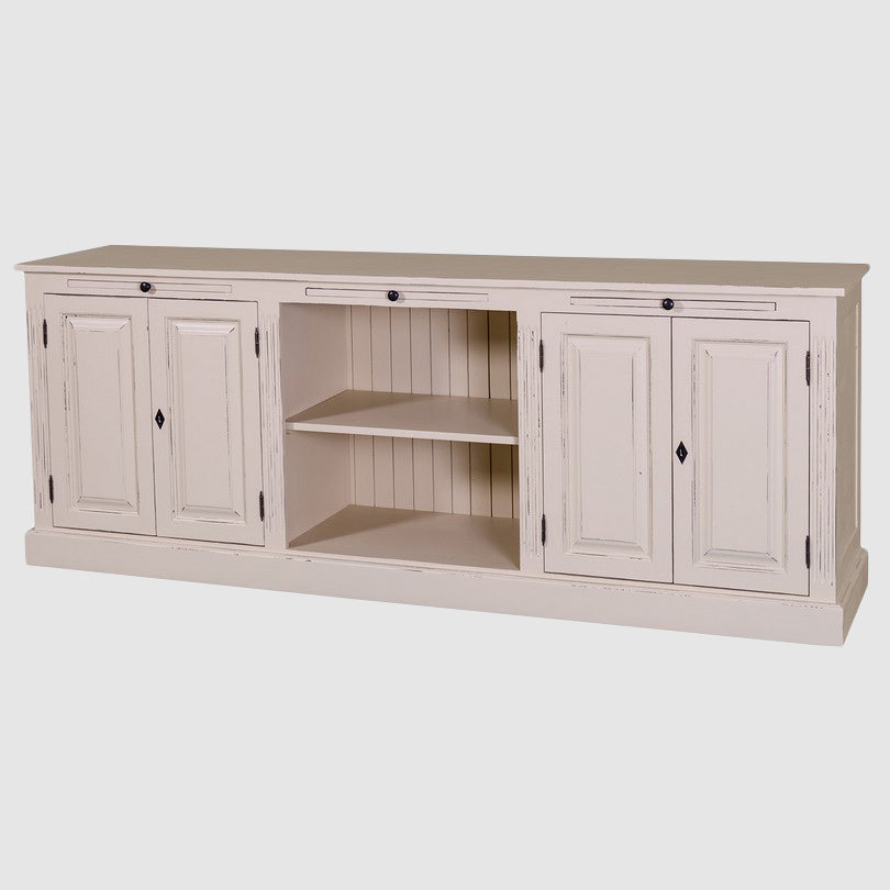 enfilade en pin massif peint en blanc vieilli avec niche centrale et portes moulurées