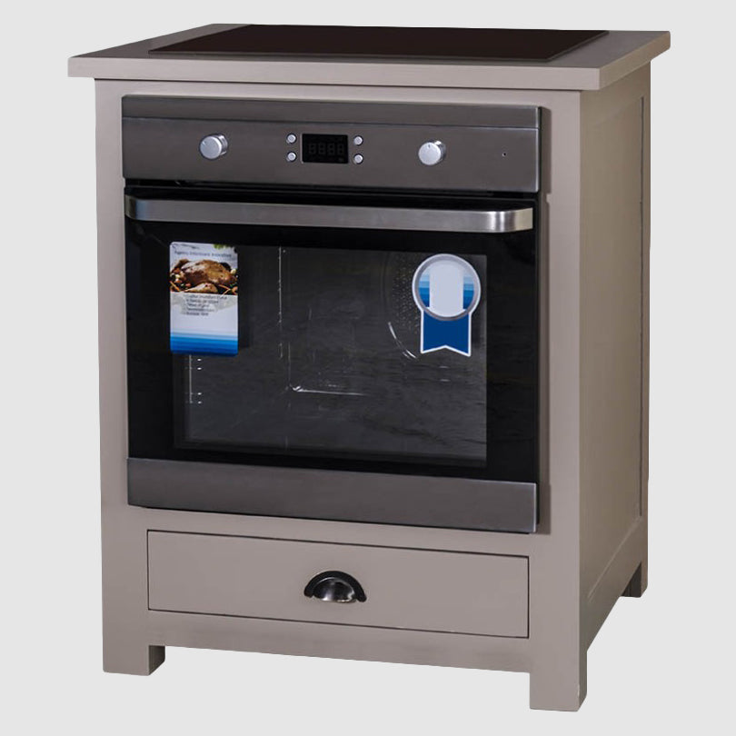Meuble de cuisine indépendant de couleur grise comprenant un four encastrable avec façade en inox brossé, un plan de travail supérieur anthracite et un tiroir de rangement inférieur doté d'une poignée coquille noire.