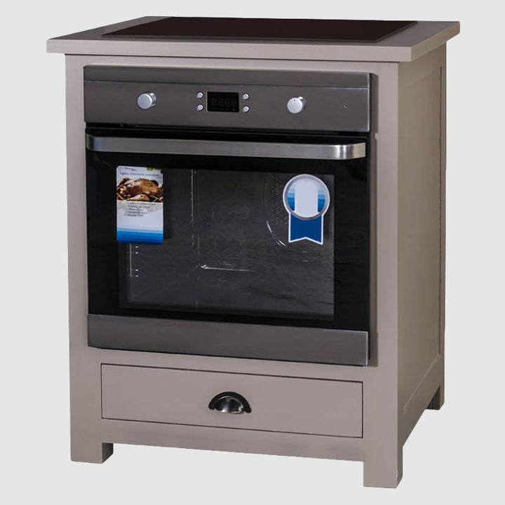 Meuble de cuisine indépendant de couleur grise comprenant un four encastrable avec façade en inox brossé, un plan de travail supérieur anthracite et un tiroir de rangement inférieur doté d&