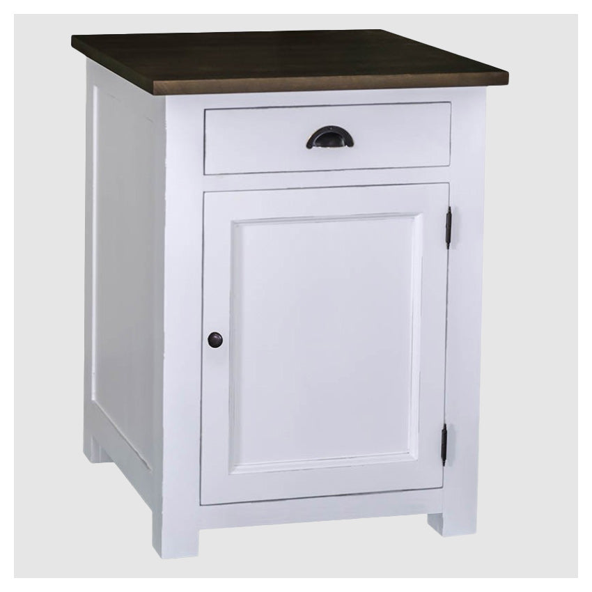 Petit meuble d'appoint blanc avec un plateau supérieur en bois foncé, comprenant un tiroir avec poignée en métal et une porte à cadre, présenté de trois-quarts.