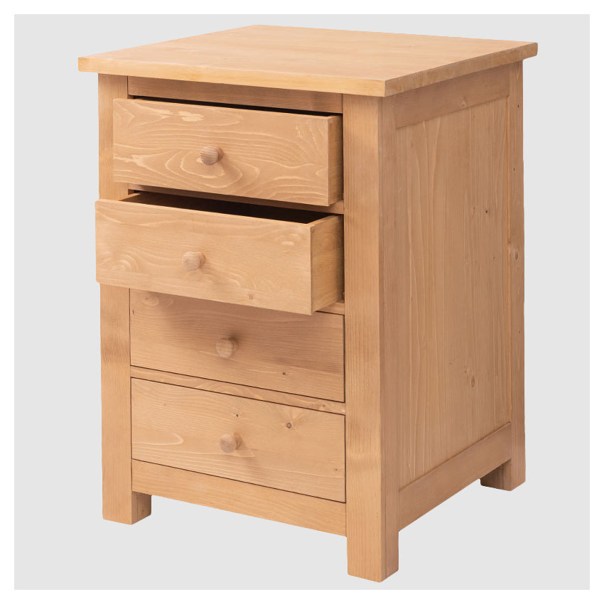 Meuble en bois à quatre tiroirs dont les deux du haut sont ouverts, révélant l&