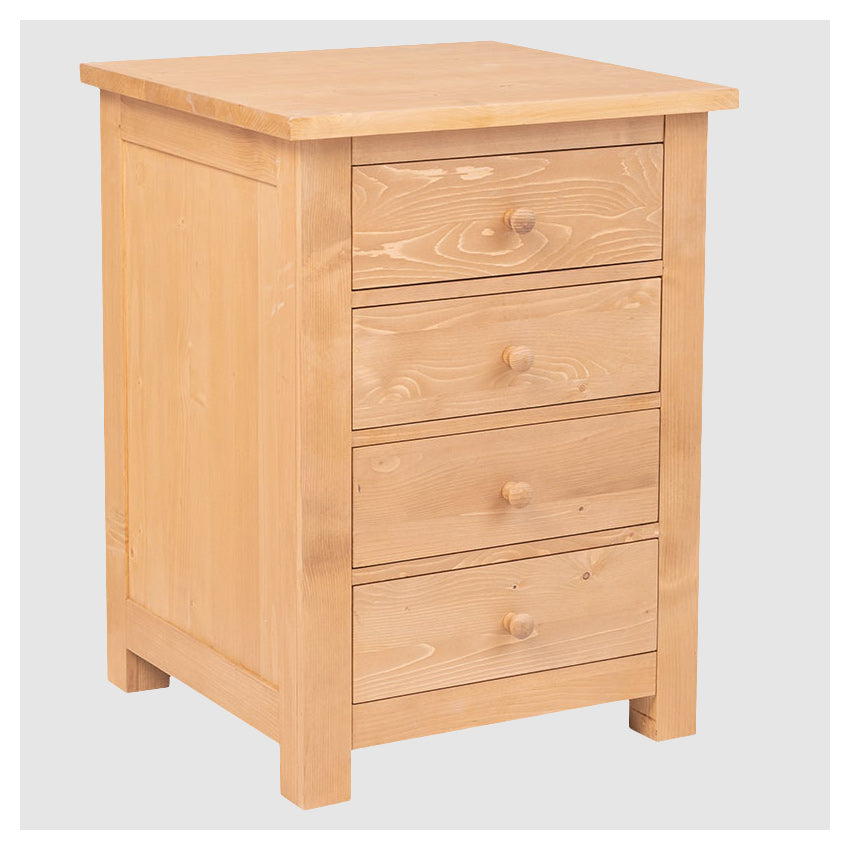 Vue en perspective de trois-quarts d'un meuble d'appoint en bois clair montrant la structure latérale et les quatre tiroirs en façade.