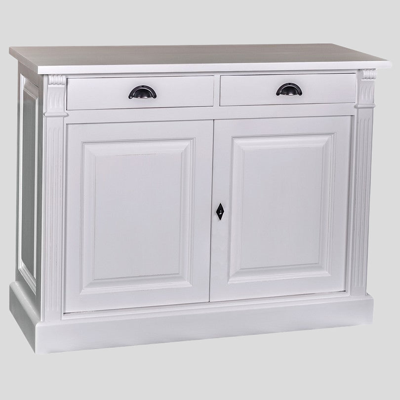 Buffet bas avec deux portes pleines et deux tiroirs, vue de face, portes et tiroirs fermés