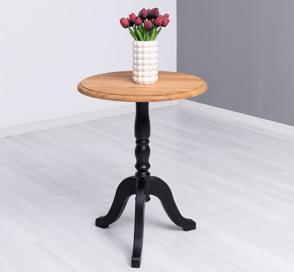 Guéridon en pin massif avec plateau bois naturel et pied noir, 60 cm.