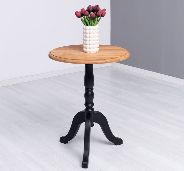 Guéridon en pin massif avec plateau bois naturel et pied noir, 60 cm.