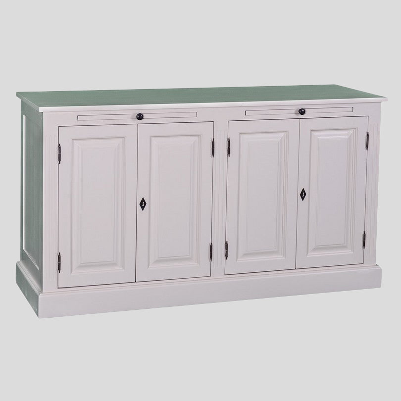 Buffet bas rectangulaire avec quatre portes fermées, façade peinte claire, plateau supérieur contrastant et plinthe pleine, vu de face sur fond neutre.