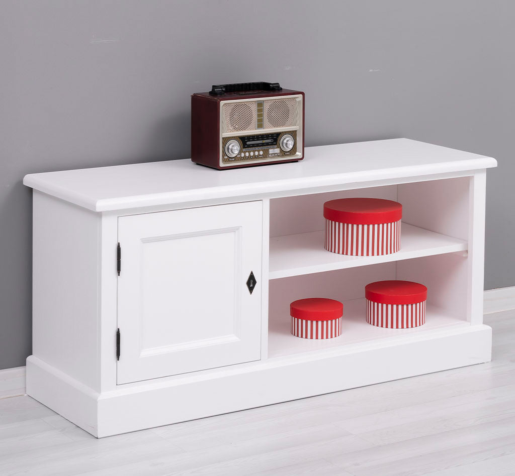 Meuble TV en pin massif blanc avec 1 porte et niche ouverte en situation