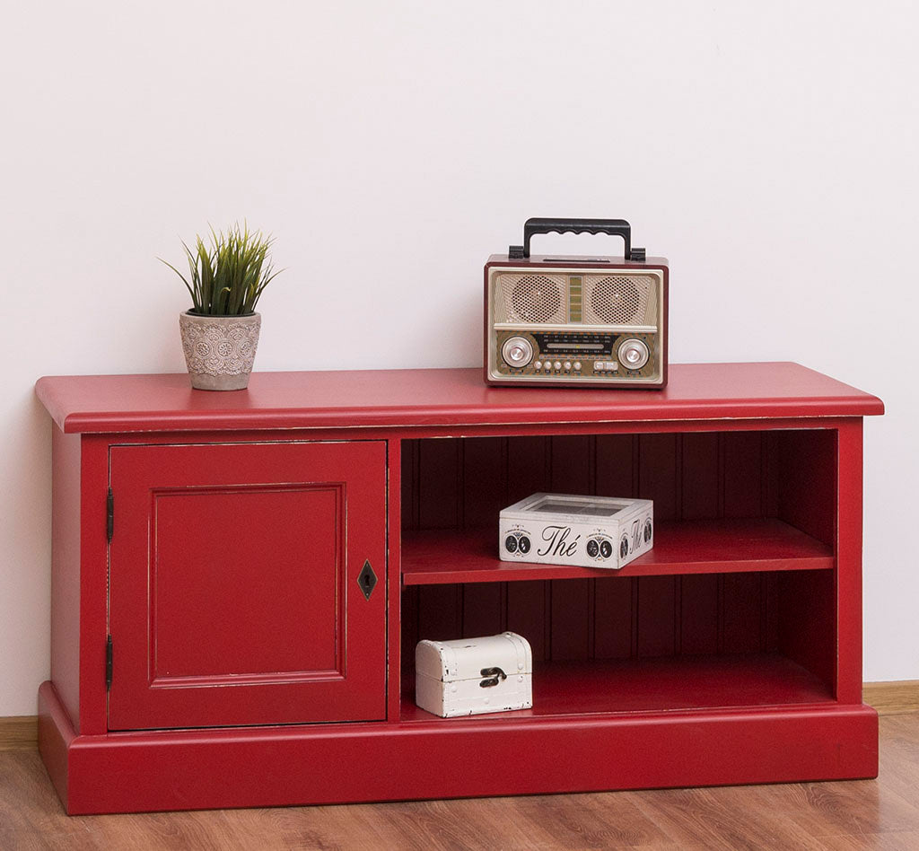 Meuble TV en pin massif finition rouge avec 1 porte et niche ouverte