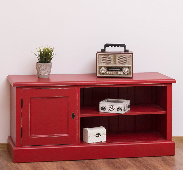 Meuble TV en pin massif finition rouge avec 1 porte et niche ouverte