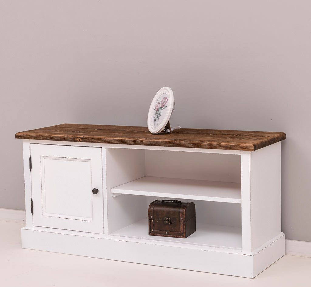 Meuble TV en pin massif avec plateau bois naturel et structure blanche, 1 porte et niche ouverte