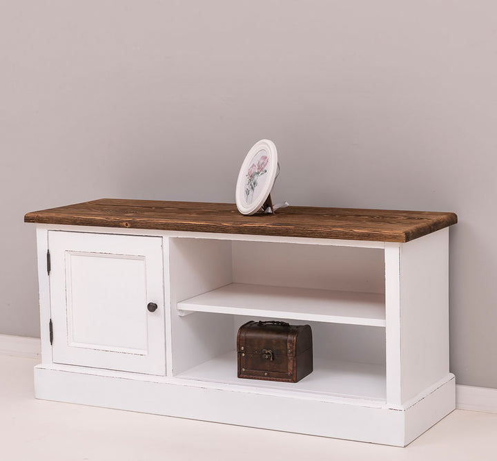 Meuble TV en pin massif avec plateau bois naturel et structure blanche, 1 porte et niche ouverte