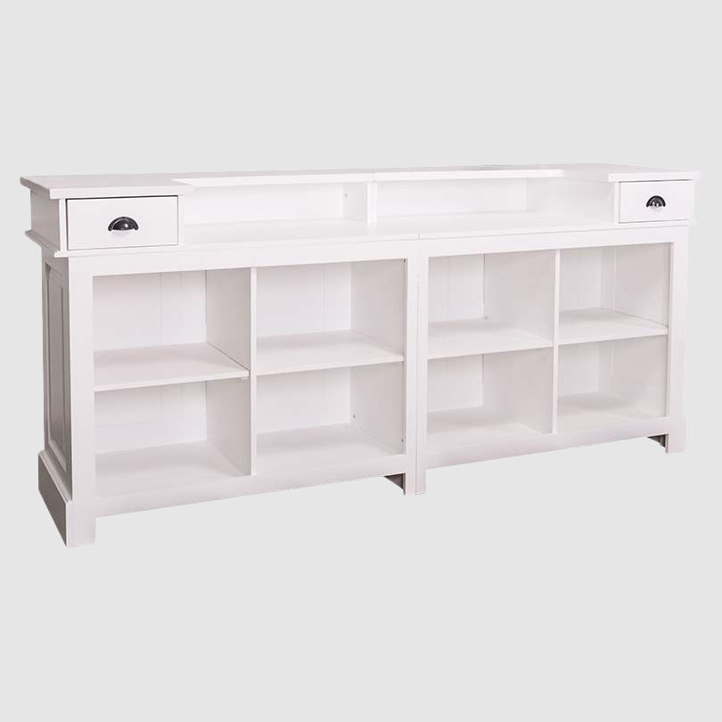 Vue arrière d’un bar avec rangements ouverts, étagères intérieures réparties sur deux modules et deux tiroirs latéraux supérieurs