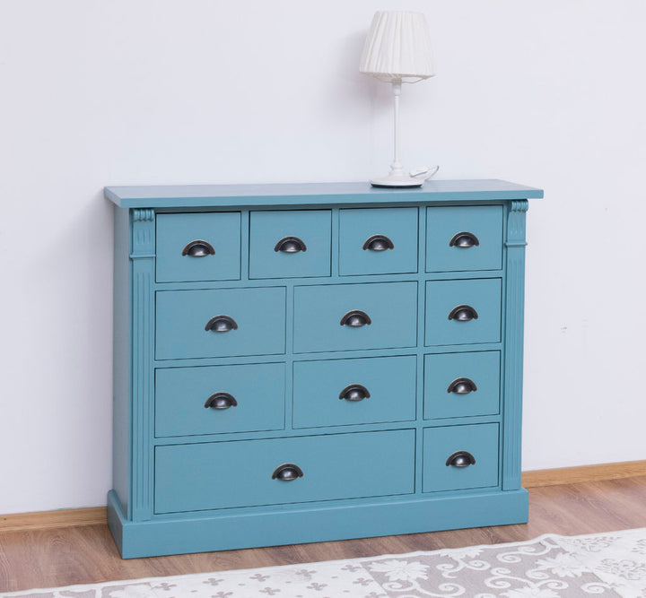 Commode en pin massif 120 cm avec 12 tiroirs finition Bleu Pâle et poignées coquille