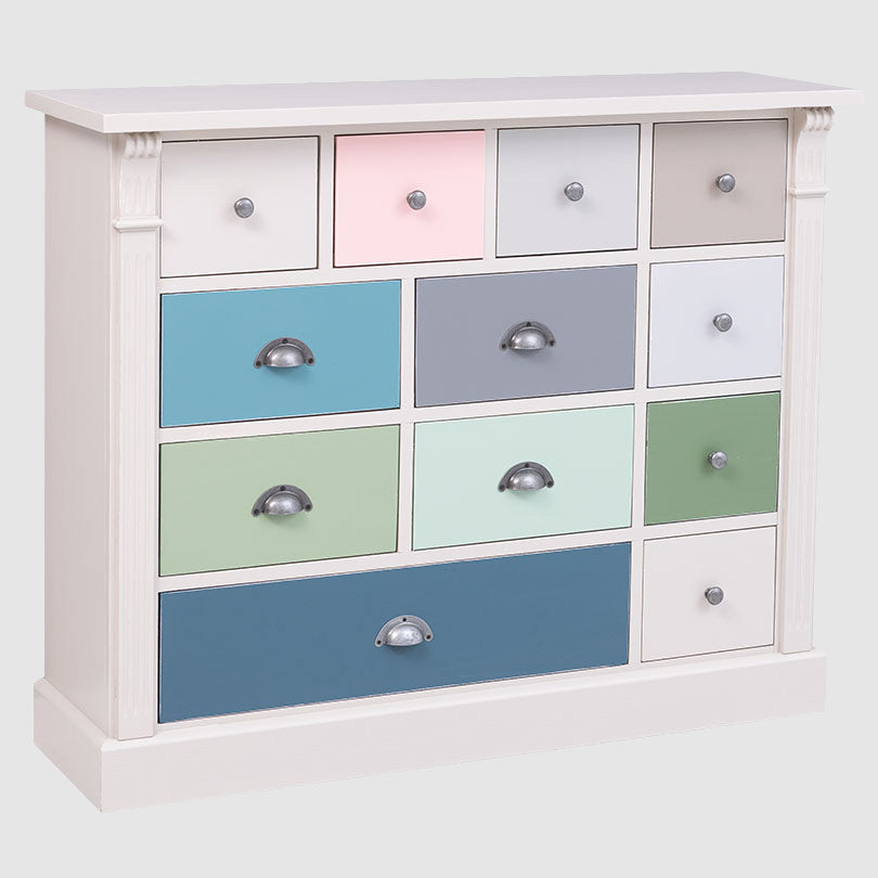 Commode en pin massif 120 cm avec 12 tiroirs façades multicolores et boutons ronds sur les petits tiroirs
