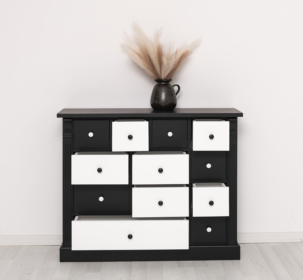 Commode en pin massif 120 cm avec 12 tiroirs façades multicolores et boutons ronds