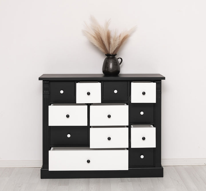 Commode en pin massif 120 cm avec 12 tiroirs façades multicolores et boutons ronds