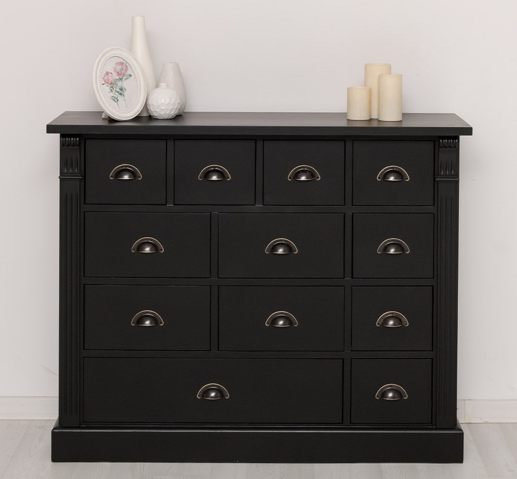 Commode en pin massif 120 cm avec 12 tiroirs finition Noir Foncé et poignées coquille