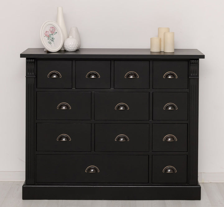 Commode en pin massif 120 cm avec 12 tiroirs finition Noir Foncé et poignées coquille