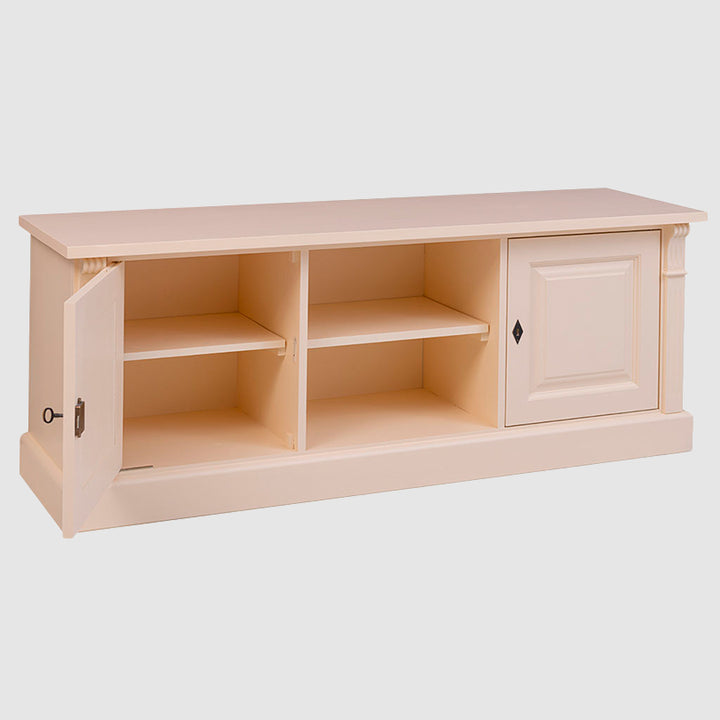 Vue du meuble TV ouvert montrant les étagères de rangement intérieures