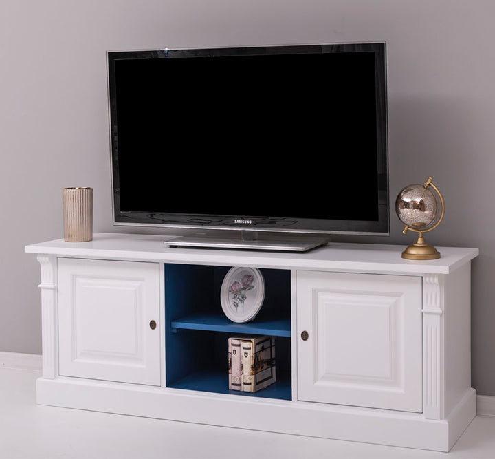 Meuble TV blanc avec niche centrale bleue en situation avec télévision