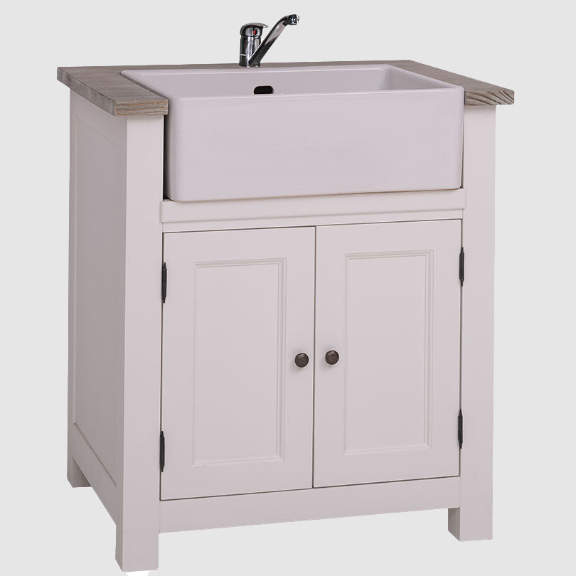 Meuble bas de cuisine évier en pin massif avec deux portes battantes, vue de face.