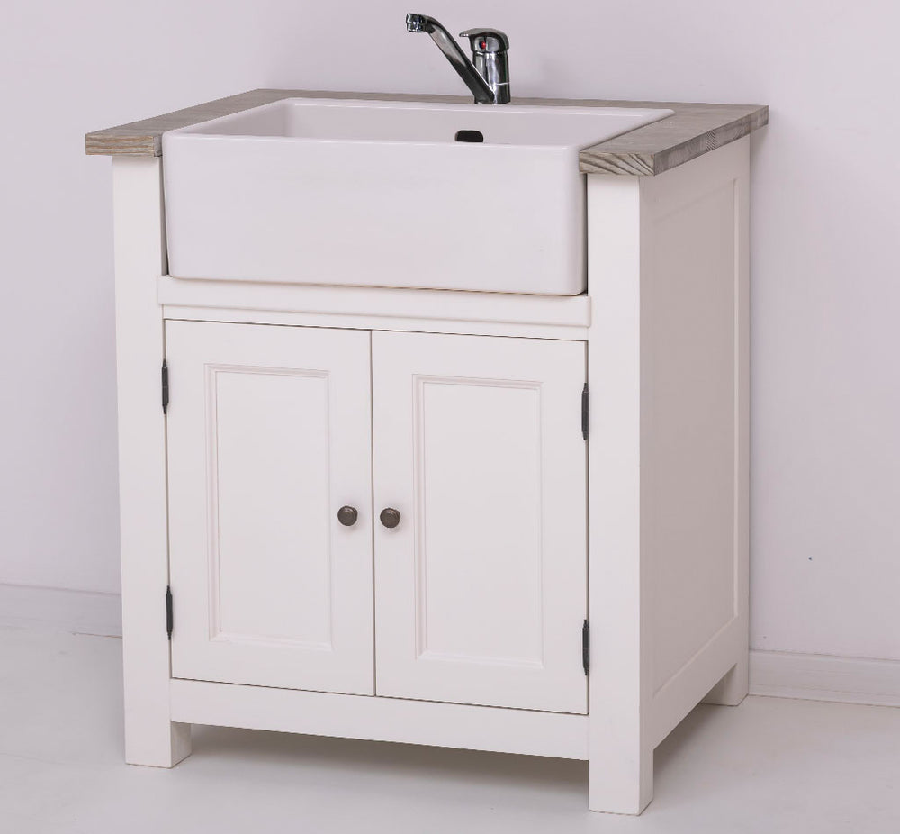 Meuble bas de cuisine évier en pin massif avec vasque en place, vue de face.