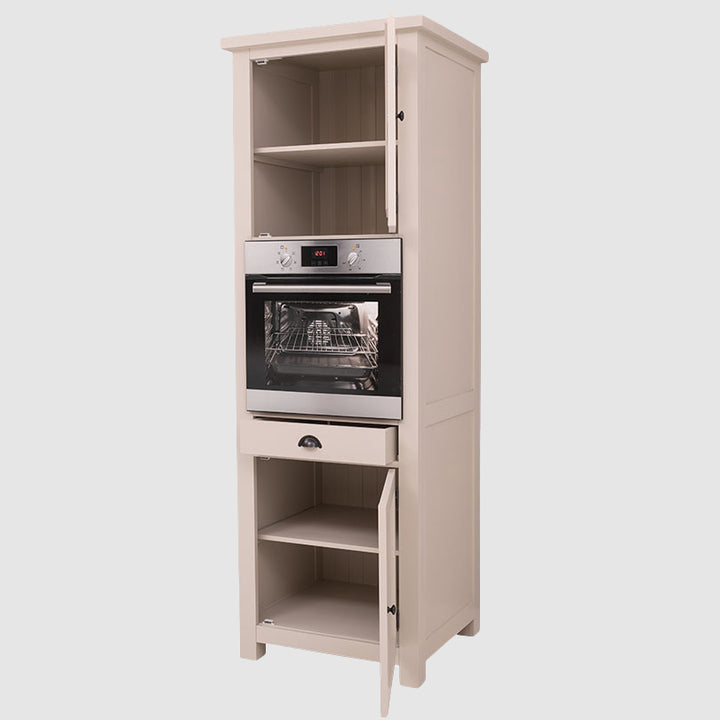 Meuble colonne de cuisine pour four encastrable avec portes ouvertes et compartiment four visible