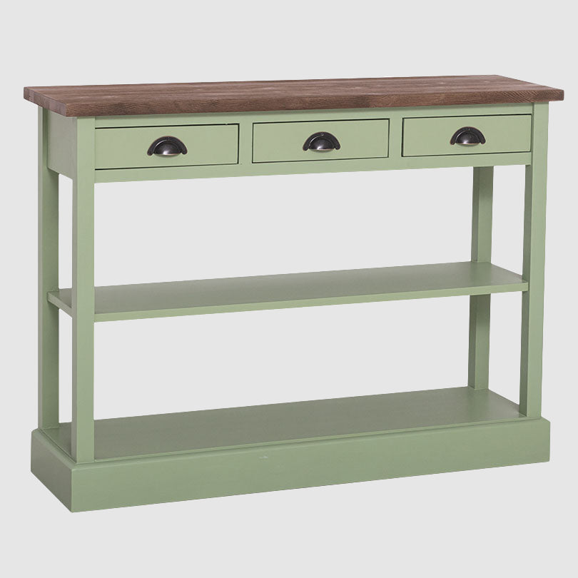 Console en pin massif avec 3 tiroirs et 1 étagère fixe finition vert olive plateau bois naturel