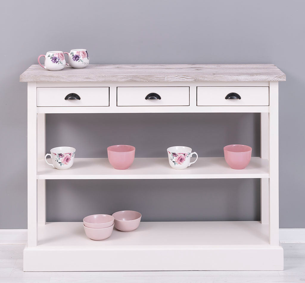 Console en pin massif avec 3 tiroirs et 1 étagère fixe finition blanc plateau bois clair