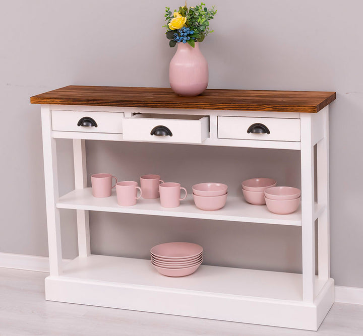 Console en pin massif avec 3 tiroirs et 1 étagère fixe finition blanc plateau bois foncé