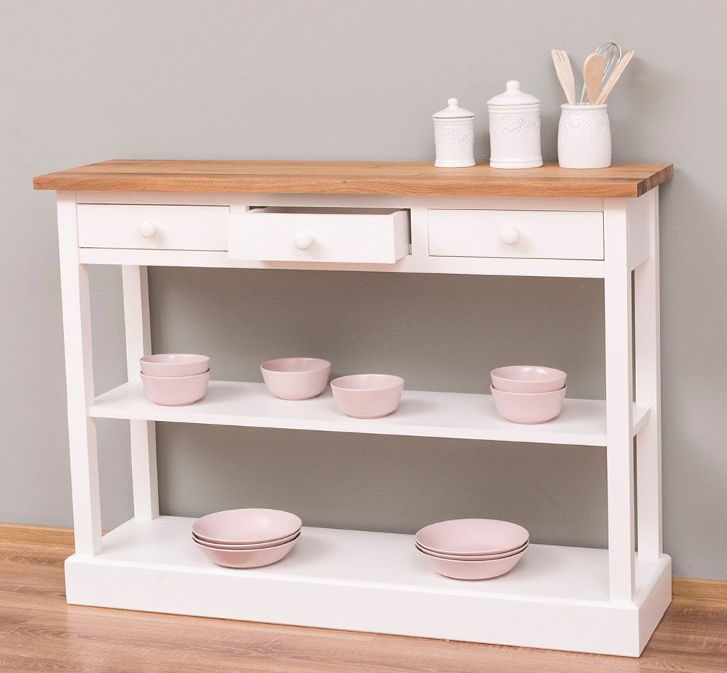 Console en pin massif avec 3 tiroirs et 1 étagère fixe finition blanc plateau bois naturel