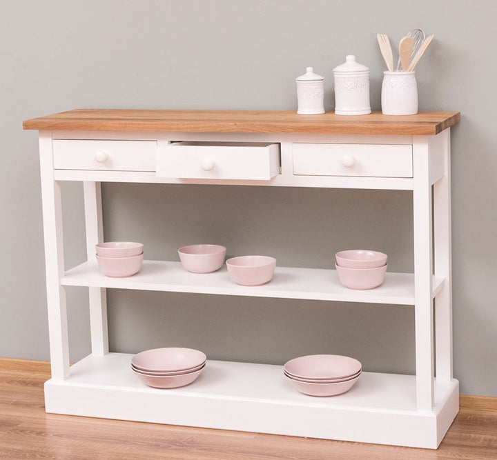 Console en pin massif avec 3 tiroirs et 1 étagère fixe finition blanc plateau bois naturel