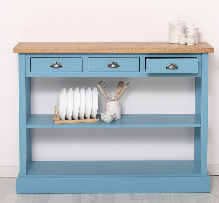 Console en pin massif avec 3 tiroirs et 1 étagère fixe finition bleu plateau bois naturel