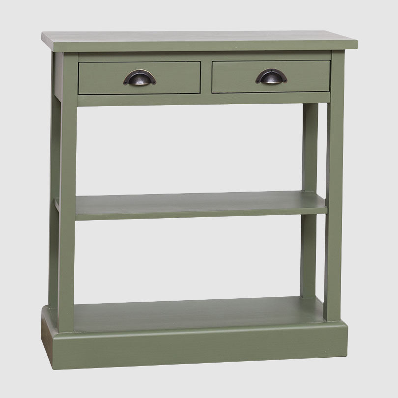 Console en pin massif avec 2 tiroirs et 1 étagère fixe finition vert olive