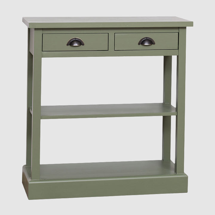 Console en pin massif avec 2 tiroirs et 1 étagère fixe finition vert olive