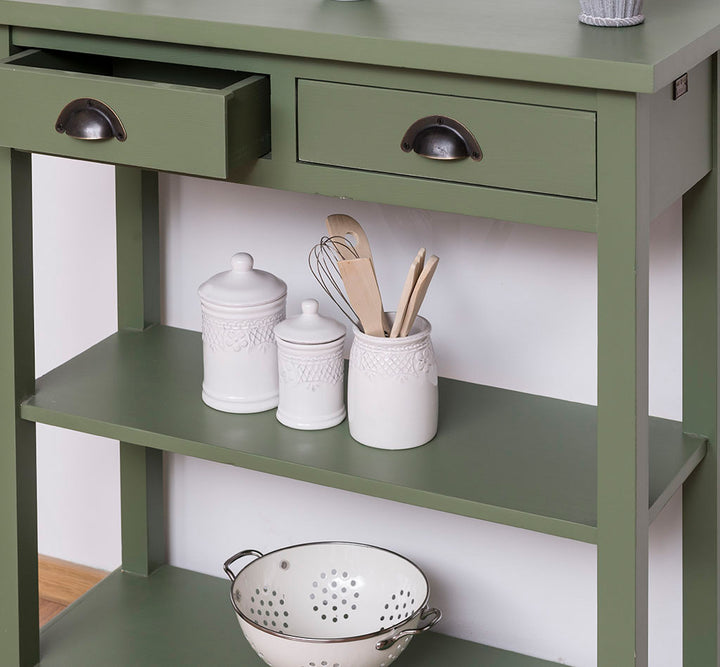 Détail de l’étagère fixe sur console en pin massif