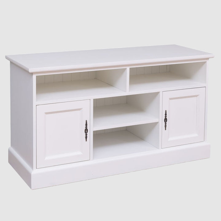 Meuble TV bas en bois massif blanc avec deux portes latérales