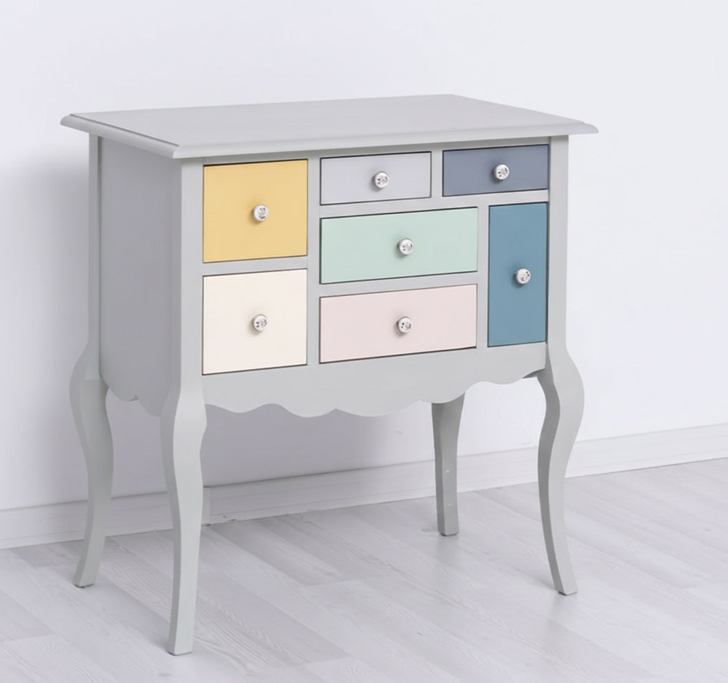 Console en pin massif avec 7 tiroirs multicolores, largeur 80 cm.