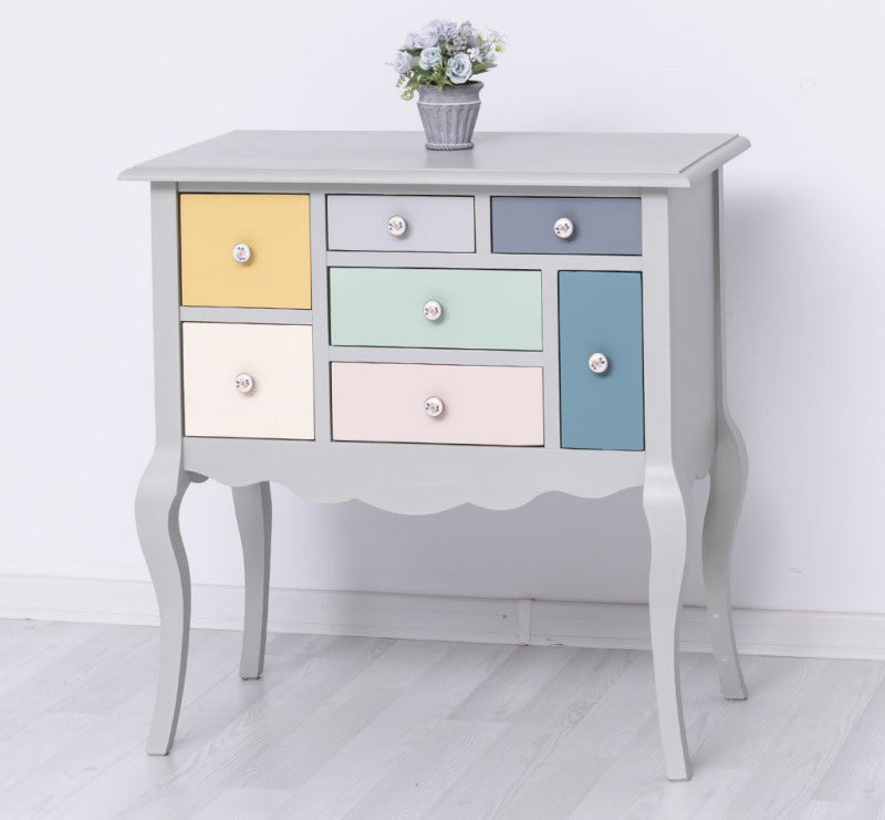 Console en pin massif 80 cm avec 7 tiroirs, version multicolore.