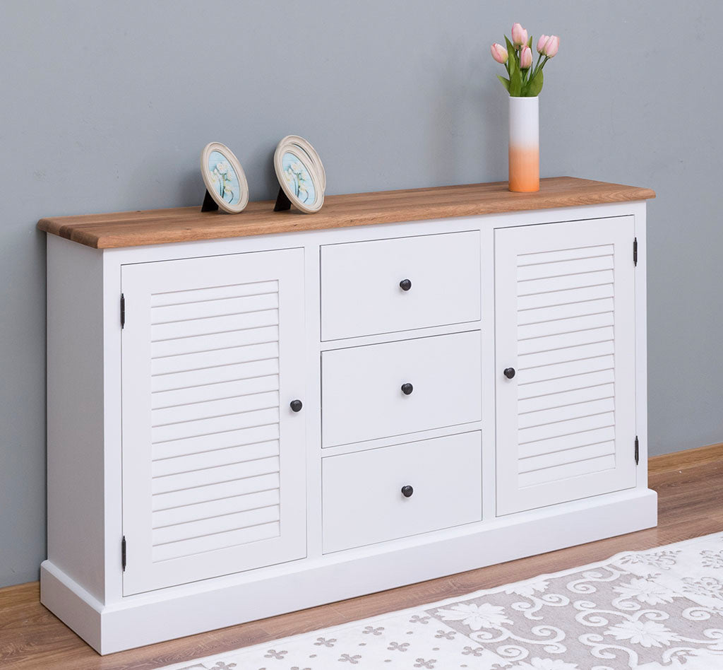 Buffet en pin massif largeur 158 cm avec 2 portes persiennes et 3 tiroirs finition Chêne naturel et Blanc Chaud